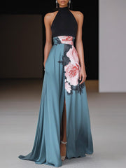 Elegantes schwarzes Maxikleid mit floralem Muster und Seitenschlitz für Frauen – Schwarz