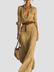 Festliche Kleider Damen - Elegantes Langes Hemdblusenkleid mit Gürtel für Tag und Abend, Ideal für Jeden Anlass – Kaki