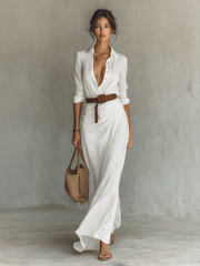 Festliche Kleider Damen - Elegantes Langes Hemdblusenkleid mit Gürtel für Tag und Abend, Ideal für Jeden Anlass – Weiß