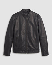 Herren maßgeschneiderte Kunstlederjacke im Biker Blouson Stil mit Stehkragen und Reißverschluss Nord Taschen – Schwarz