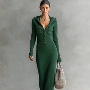 Damen-Strick-Maxikleid mit Kapuze – Grün