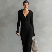 Damen-Strick-Maxikleid mit Kapuze – Schwarz