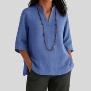 Georgina | Elegante Leinen Tunika Top Mit V-Ausschnitt – Blau