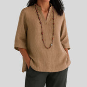 Georgina | Elegante Leinen Tunika Top Mit V-Ausschnitt – Braun