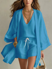 Ardenia - Atmungsaktives, dreiteiliges Leinen-Set – Blau