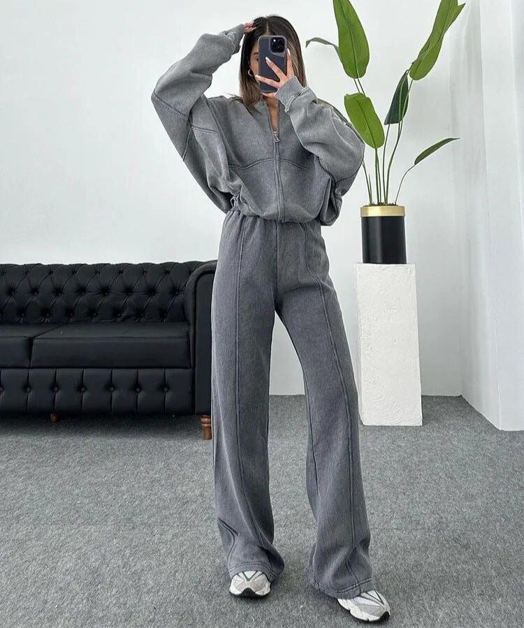 Zweiteiliges Lounge-Set | Oversize-Zipper | Weite Hose