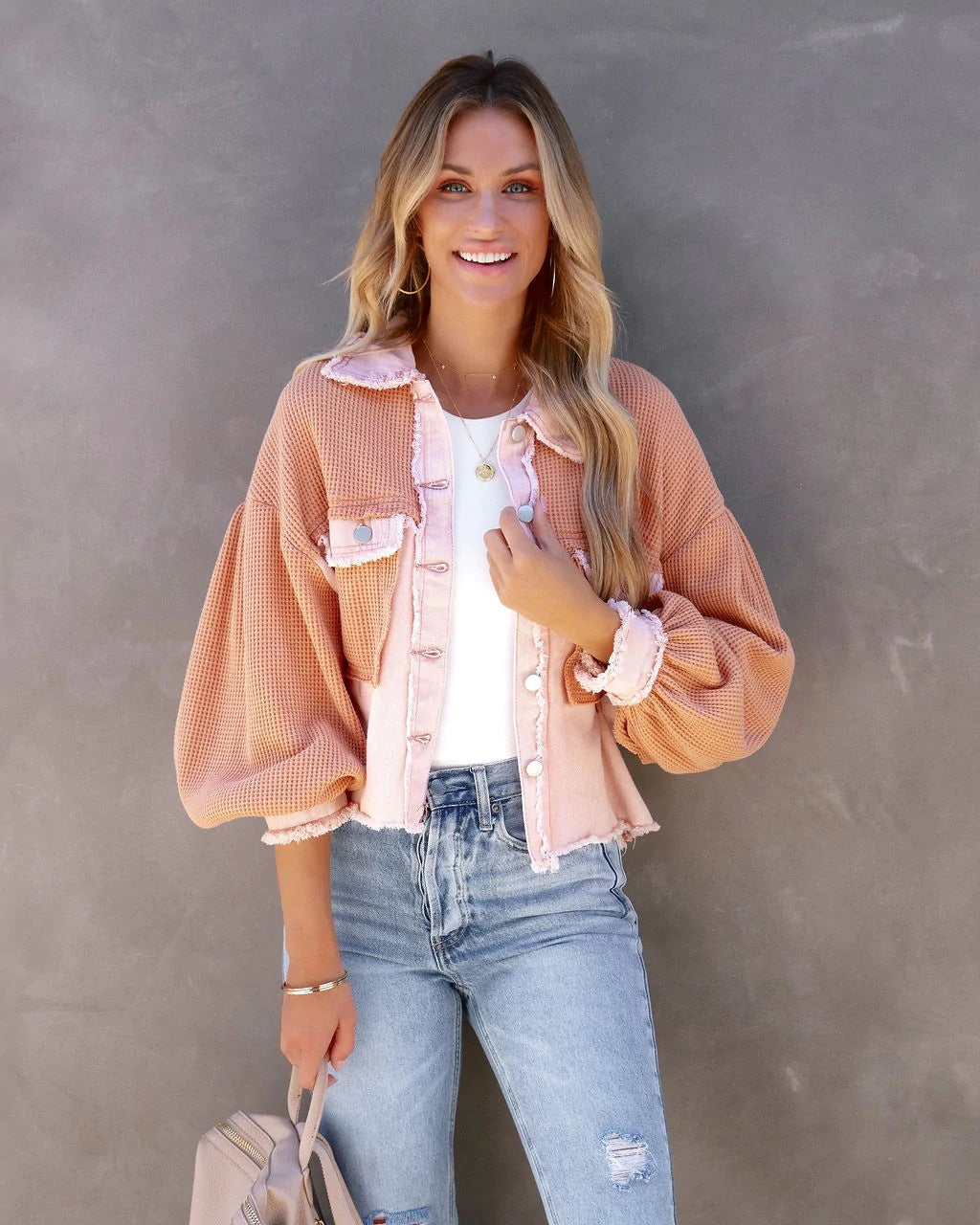 Cropped-Jacke mit Ballonärmeln | Trendiger Materialmix | Lässiger Vintage-Look