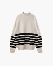 Emily | Hoher Hals Schwarze Streifen Übergröße Strickpullover – Creme