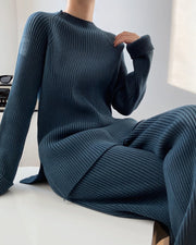 Camila | Rippenstrick Weites Bein Schlaghosen & Pullover Zweiteilig Lounge-Set – Blau