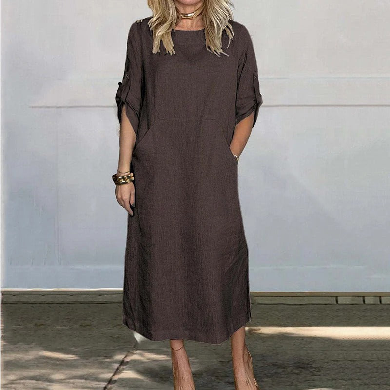 Texturiertes Leinen Midi-Kleid für Damen