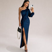 Marianne - Schickes Kleid mit asymmetrischem Schulterdesign – Marineblau