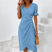 Gabriella - Elegantes Kleid mit Blumen und asymmetrischem Schnitt – Blau