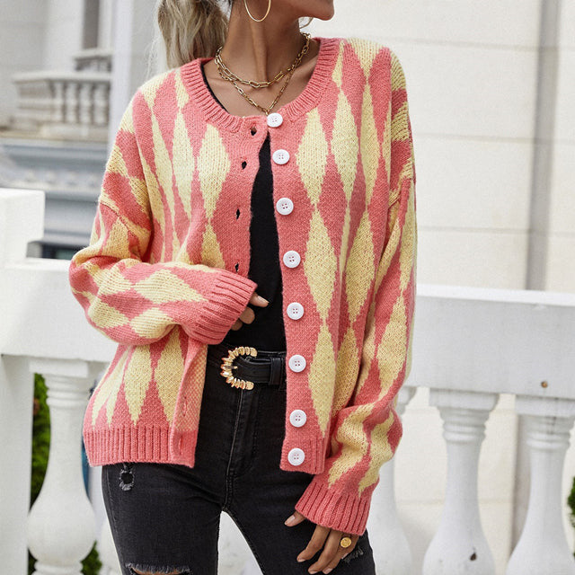 Strickcardigan mit Rautenmuster | Rundhalsausschnitt | Retro-Chic