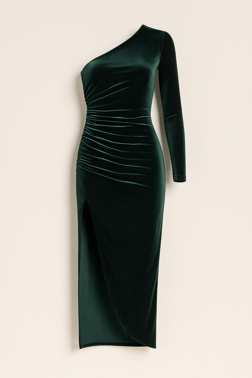 Jade Ein-Schulter-Midikleid aus Samt mit Rüschen