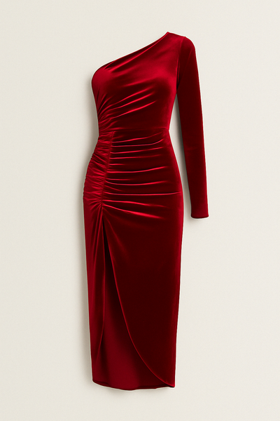 Jade Ein-Schulter-Midikleid aus Samt mit Rüschen