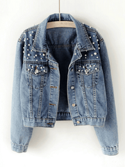 Jeansjacke, geknöpfte Taschen, Strass-Perlenbesatz, Reverskragen, lange Ärmel, Damenmode, lässig, übergroß, lässig – Blau