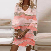 Isabelle | Damen Sommerkleid V-Ausschnitt Trompetenärmel Marmorprint – Pfirsichrosa