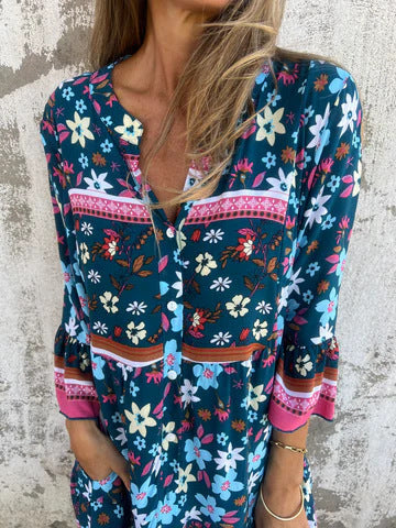 Boho-Kleid mit Muster-Mix | A-Linie | Eingrifftaschen