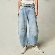 Nora | Damen Barrel Leg Jeans Weites Bein High Waist Freizeithose – Hellblau