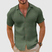 Herren Leinen Kurzarm Button-Up Hemd – Freizeit Sommerhemd – Grün