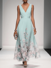 Luftiges Maxikleid Damen V-Ausschnitt Blumendruck Sommer Maxikleider A-Linie für Elegante Tage – Helles Grün