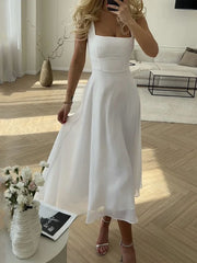 Taija | Damen Midi Kleid Trägerkleid A-Linie Sommerkleid – Weiß