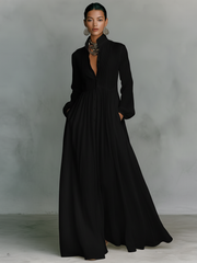 Maxikleid Langarm: Bequeme Eleganz für Sommer-Events und Alltag – Schwarz