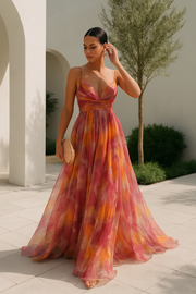 Mehrfarbiges Maxikleid mit V-Ausschnitt | Festliche Kleider Damen – Orange