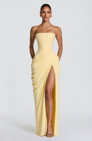 Olivia | Damen-Maxikleid mit Schnürung und seitlichem Schlitz – Gelb