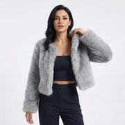 Daniela | Luxuriöse Cropped-Kunstpelz-Strickjacke – Grau