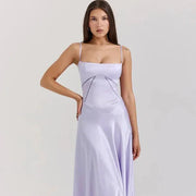 Satin-Maxikleid für Damen | Korsett-Rücken mit Schnürung – Lila