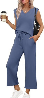 Damen Lässiges Zweiteiliges Lounge-Set mit Ärmellosem V-Neck-Top und Weiten Kordelbund-Hosen Nord Taschen – Königsblau