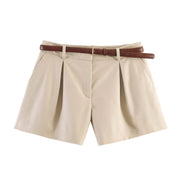 Damen High-Waist Shorts mit elegantem Faltenwurf und schmalem Gürtel – Helles Braun