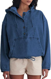 Damen Jeans-Halbanorak mit Kapuze, Kängurutasche und Tunnelzug Nord Taschen – Dunkelblau