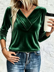 Damen Velours-Longsleeve mit überlappendem V-Ausschnitt und femininer Drapierung Nord Taschen – Dunkelgrün