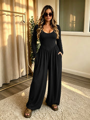 Damen Langer Jumpsuit mit weitem Bein, tiefem Rundhals und Eingrifftaschen Nord Taschen – Schwarz