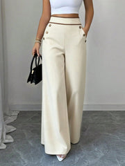 Damen Hochtaillierte Palazzo-Hose mit Zierknöpfen und weitem Bein Nord Taschen – Apricot