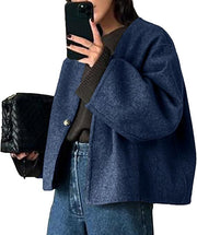 Damen Kurz geschnittene Oversize Wolljacke mit kastigem Schnitt und Ein-Knopf-Verschluss Nord Taschen – Navyblau