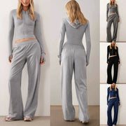 Damen Zweiteiliges Loungewear-Set geripptes Crop-Kapuzenoberteil mit Reißverschluss und Daumenloch sowie weiter Jogginghose Nord Taschen – Lagerware: Versand am Bestelltag