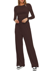 Damen Figurbetontes Longsleeve mit seitlicher Raffung und High-Waist Palazzo-Jogginghose Set Nord Taschen – Kaffeebraun