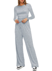 Damen Figurbetontes Longsleeve mit seitlicher Raffung und High-Waist Palazzo-Jogginghose Set Nord Taschen – Hellgrau