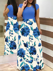 Damen Fließender Maxirock mit hoher Taille und großem Blumenprint Nord Taschen – Durchgehend Blau Kurzarm