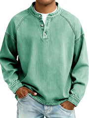 Herren Langarm-Henley Sweatshirt mit Stehkragen und Vintage-Denim-Effekt Nord Taschen – Grün