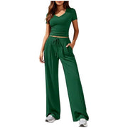 Damen Lässiges Lounge-Set mit tailliertem V-Ausschnitt bauchfreiem Top und weitem Kordelbund-Hose Nord Taschen – Grün