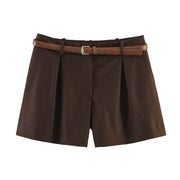 Damen High-Waist Shorts mit elegantem Faltenwurf und schmalem Gürtel – Braun