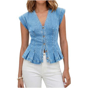 Damen Tailliertes Jeans-Top mit Schößchen und Knopfleiste Nord Taschen – Hellblau