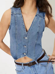 Damen taillierte ärmellose Jeansweste mit V-Ausschnitt Nord Taschen – Mittelblau