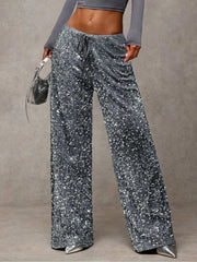 Damen Pailletten-Palazzohose mit hohem Bund und Kordelzug Nord Taschen – Grau - Sofortversand