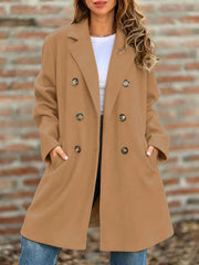 Damen zweireihiger Wollmix-Kurzmantel mit Reverskragen Nord Taschen – Khaki