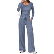 Damen Zweiteiliges Feinstrick-Lounge-Set mit Henley-Top und Palazzo-Hose Nord Taschen – Blau